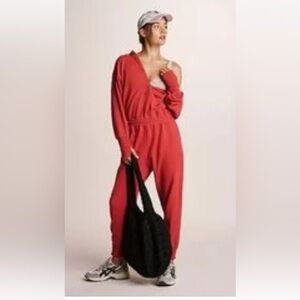 Free People Training Day Jumpsuit Hooded Drawstring Smocked Waist Slouc…